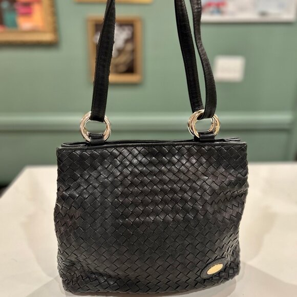 Etienne Aigner Black Woven Leather Convertible Strap Handbag Crossbody Shoulder - Picture 2 of 16